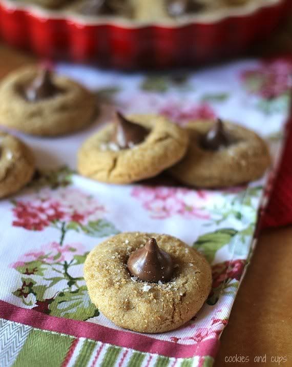 Salted caramel kiss cookies on a floral placemat