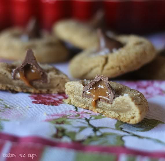 Salted caramel kiss cookie cut in half