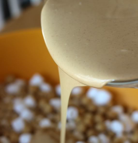 Pouring White Chocolate & Peanut Butter Mixture into the Bowl