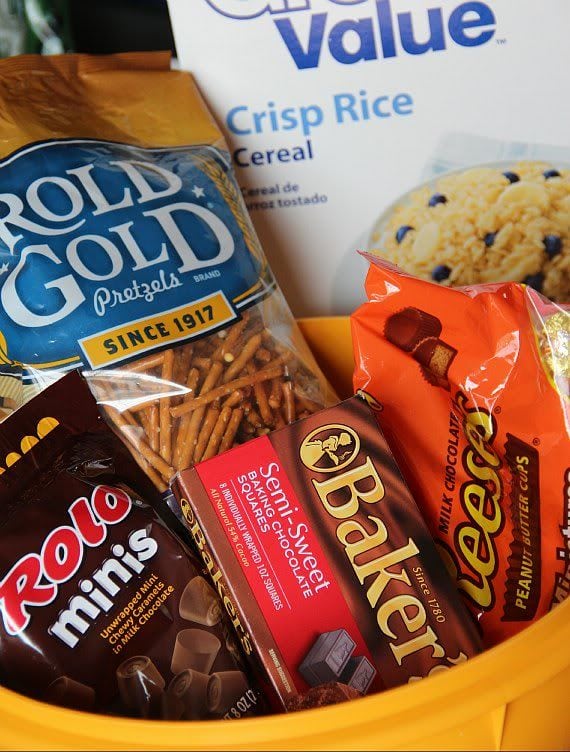 Packages of Pretzels, Rolo candies, Baker's chocolate, Reese's peanut butter cups, and crisp rice cereal