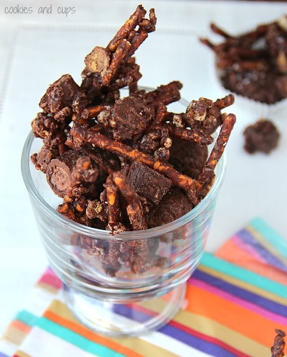 Chubby Hubby Snack Mix in a clear glass snack cup