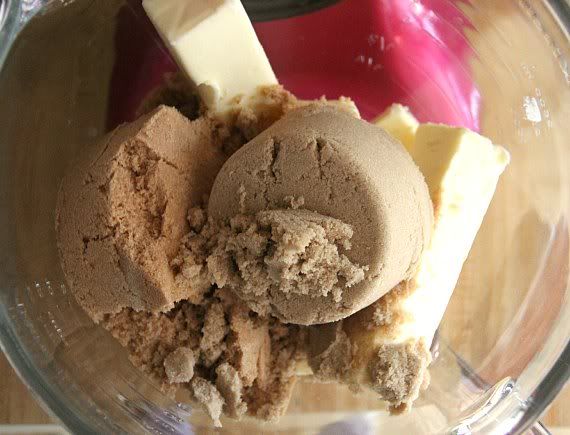 Butter and brown sugar in a mixing bowl