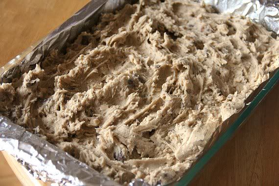 Batter in a foil-lined baking pan