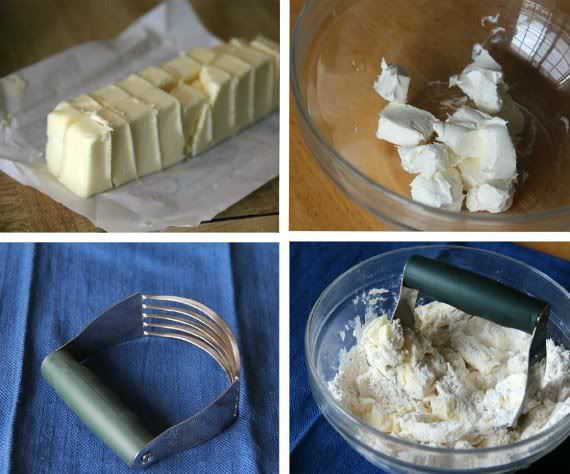 A collage of four photos showing how to cut butter into a dry mixture with a pastry blender