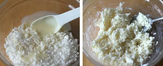 A collage of two photos of coconut filling mixture