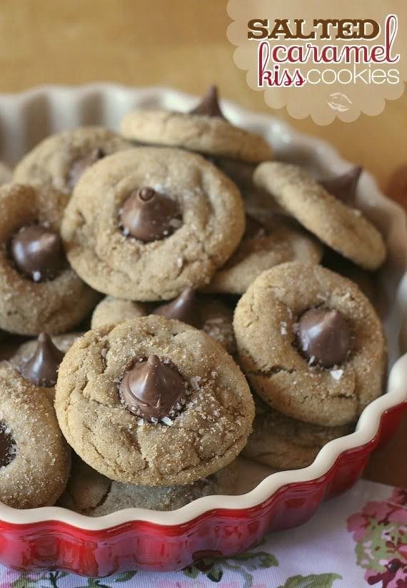 Overhead view of Salted Caramel Kiss cookies  in a red dish