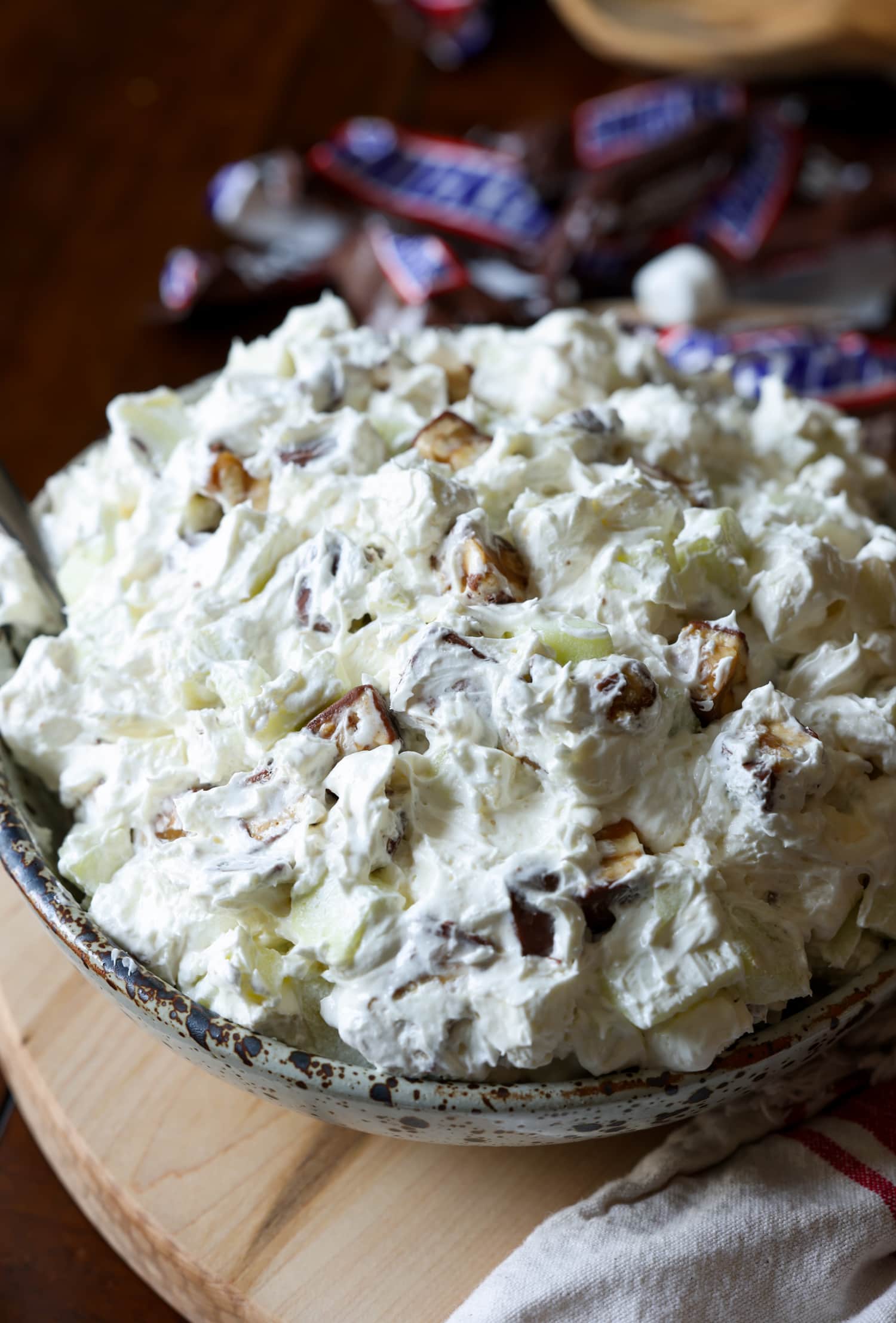 Snickers Fluff Salad in a Serving Bowl