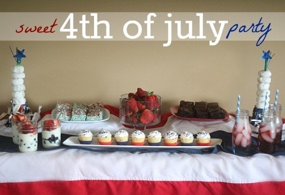 Side view of a table of treats for a 4th of July party