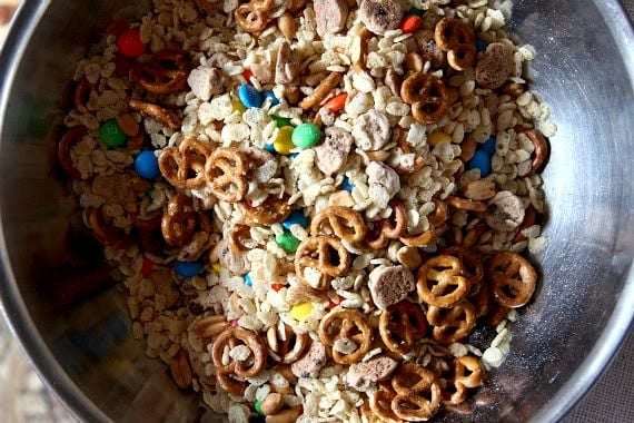 Trail mix krispie treats dry ingredients in a bowl