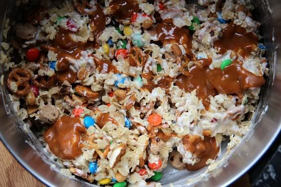 Trail Mix Krispie treats mixture topped with salted caramel sauce