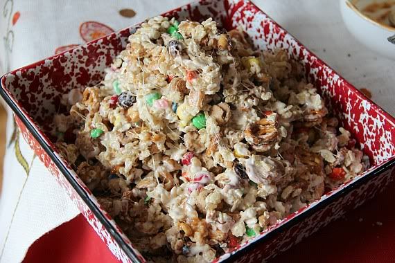 Trail Mix Krispie treats mixture in a square pan