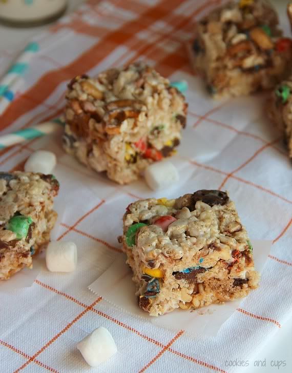 Trail mix krispie treats on a tea towel