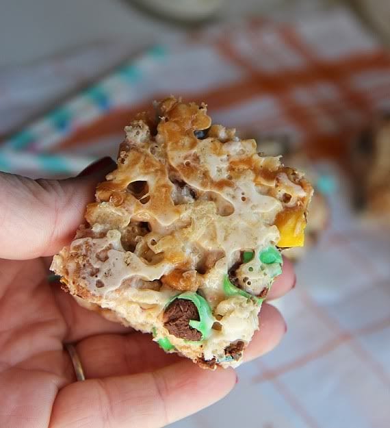 A trail mix krispie treat bar with salted caramel swirl