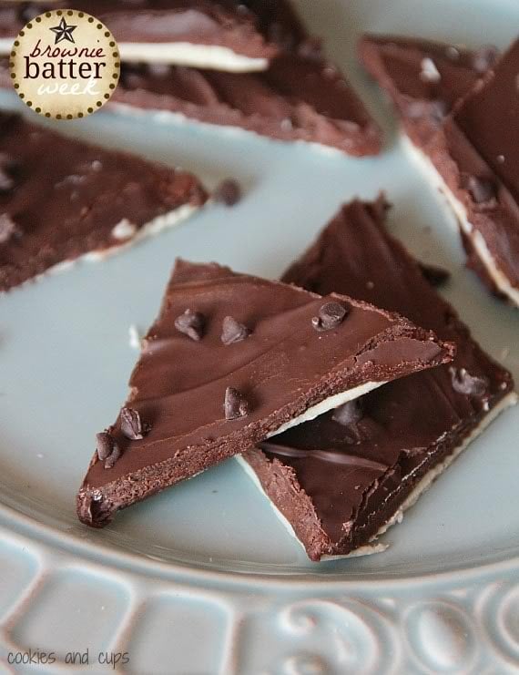 Pieces of brownie batter bark on a plate