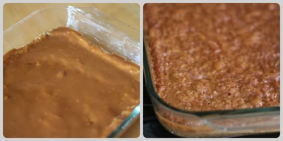 A collage of two images of caramel coconut bars before and after baking