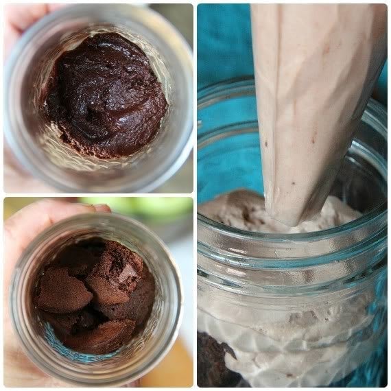 Collage of three photos of brownie batter parfait in a jar