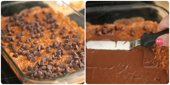 A collage of two images of chocolate chips and melted chocolate chips on coconut caramel bars