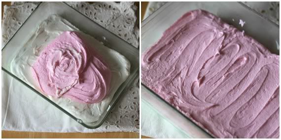 A collage of steps of pink fudge batter being spread over green fudge in a pan