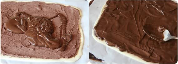 A collage of two photos of chocolate being spread over brownie batter and white chocolate layers
