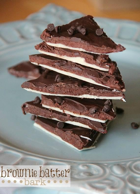 Overhead view of a stack of Brownie Batter Bark pieces stacked on a plate