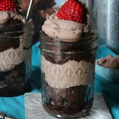 Image of a brownie batter parfait with a strawberry on top