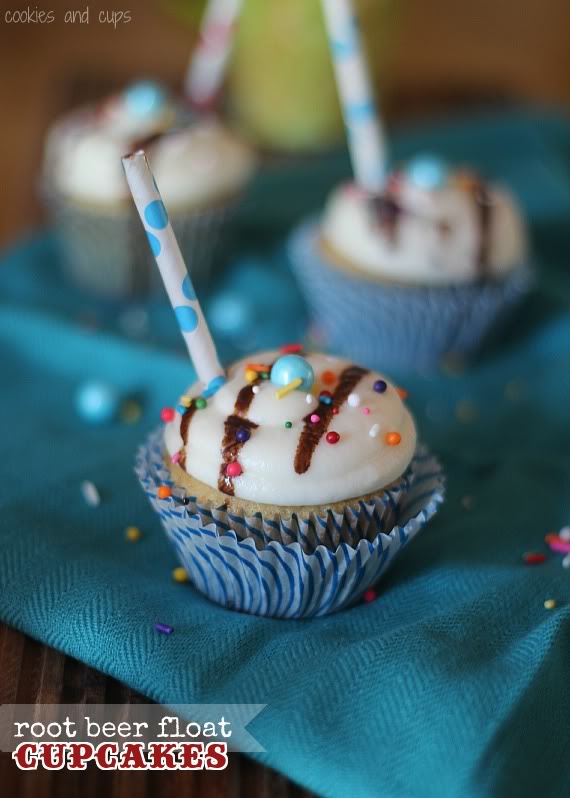 Overhead view of a Root Beer Float Cupcake with a straw