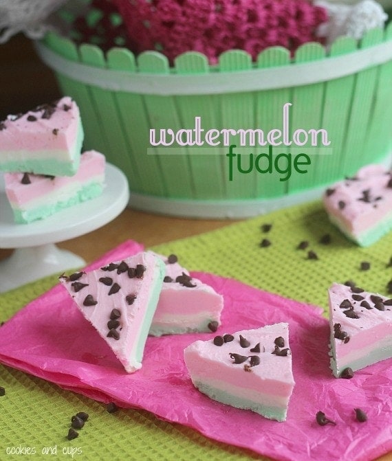 Wedges of Watermelon Fudge on pink and green napkins