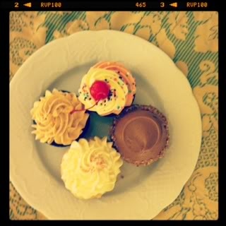 Top view of four different varieties of cupcakes on a plate