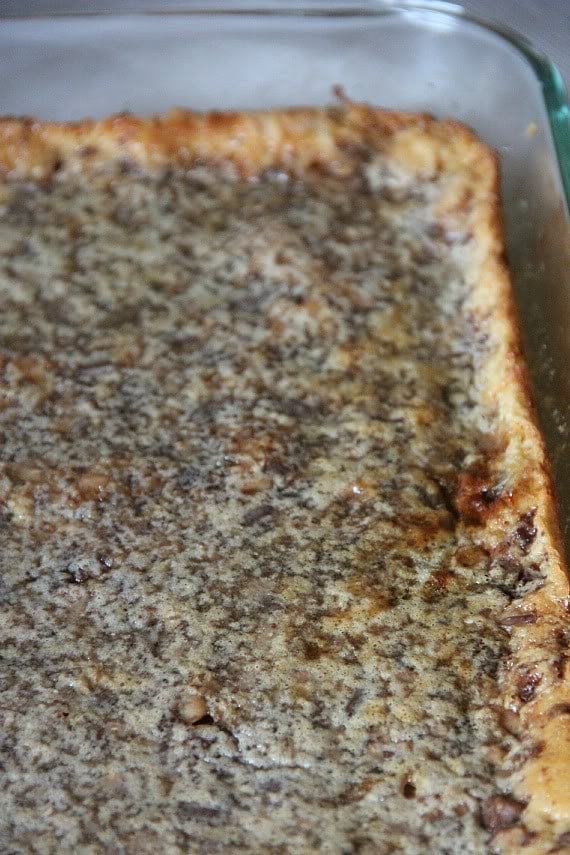 Top view of cake mix toffee bars in a rectangular baking dish