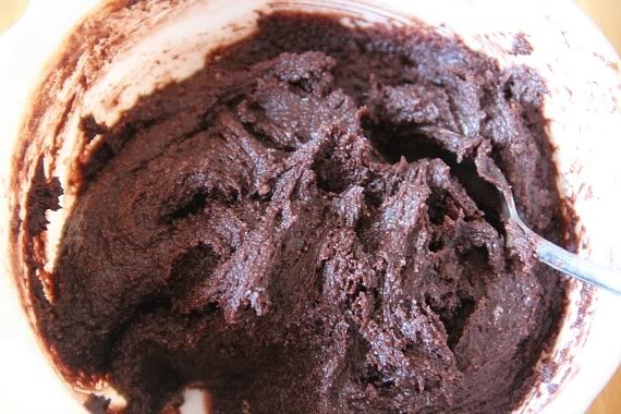 Top view of brownie batter in a mixing bowl