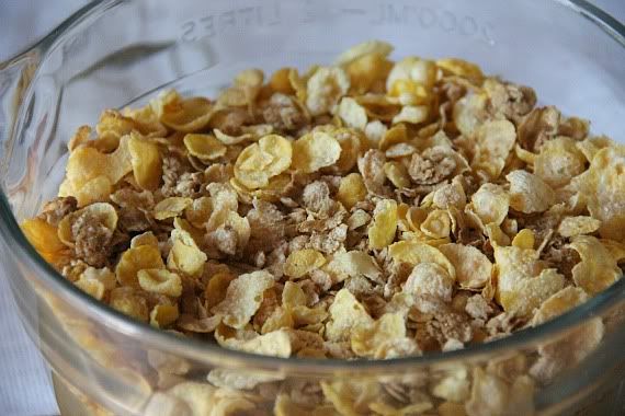 Honey Bunches of Oats cereal in a mixing bowl