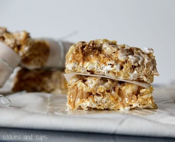 Two fluffernutter sandwich krispies stacked on top of each other