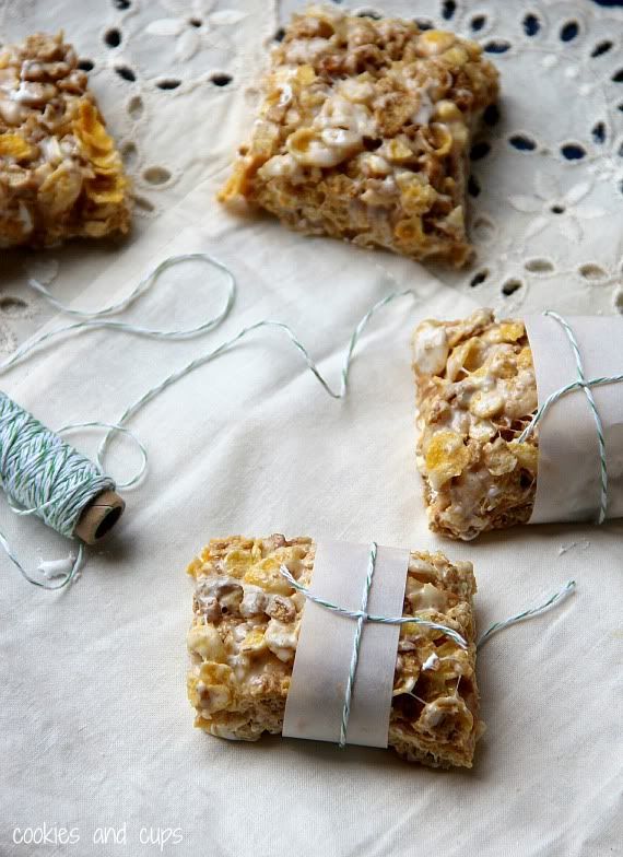 Fluffernutter sandwich crispy squares wrapped with a strip of parchment and string