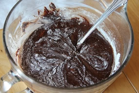 Chocolate batter in a mixing bowl