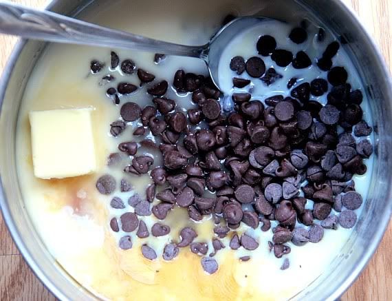 Top view of chocolate chip cookie dough ingredients in a mixing bowl