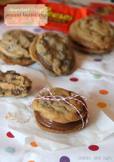 chocolate chip peanut butter cup cookie sandwiches
