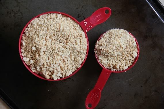 Two measuring scoops of crushed golden oreo cookies