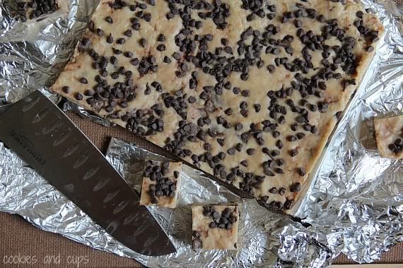 No bake cookie bars with chocolate chips on foil