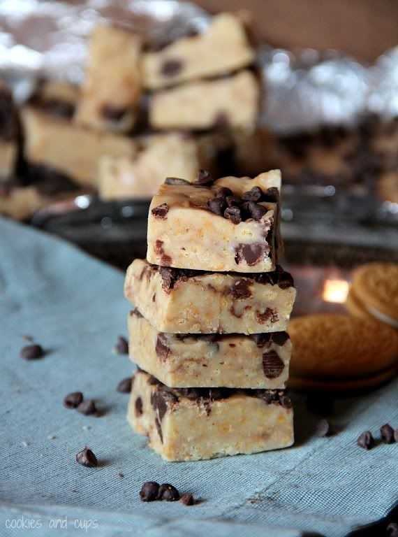 A stack of chocolate chip no-bake cookie bars