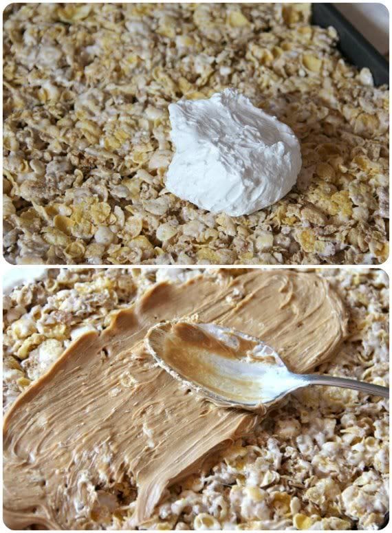 A collage of two photos of marshmallow cereal mixture with a glob of fluff on one and peanut butter on the other