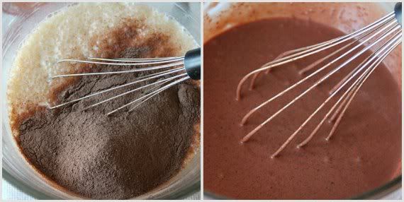 A collage of two photos of chocolate mixture being whisked in a bowl