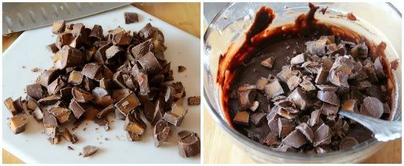 A collage of chopped Rolo candies and chocolate batter with chopped Rolo candies