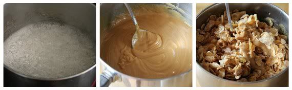 A collage of 3 photos of melting peanut butter mixture being added to cereal in a bowl