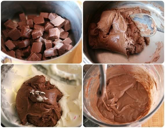 A collage of four photos of 3 Musketeers brownie batter