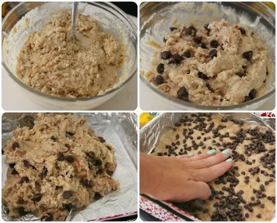 A collage of four images of no bake cookie bar dough with chocolate chips being put into a baking pan