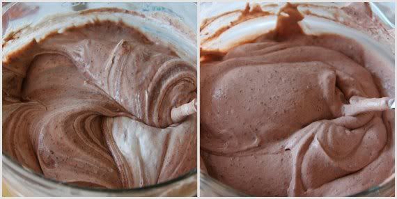 A collage of two photos of thickened chocolate mixture in a mixing bowl