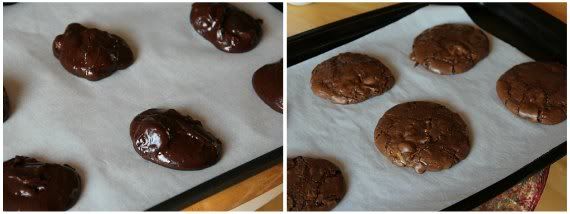 A collage of unbaked chocolate cookies and baked chocolate cookies on a parchment-lined baking sheet