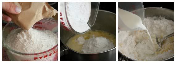 A collage of three photos of instant pudding mix being combined with milk in a bowl