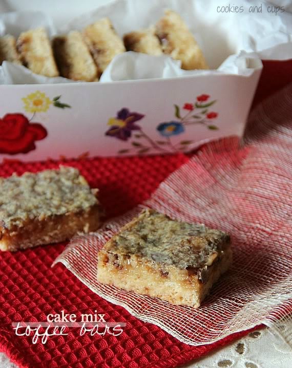 Close-up of a couple cake mix toffee bars on a red napkin