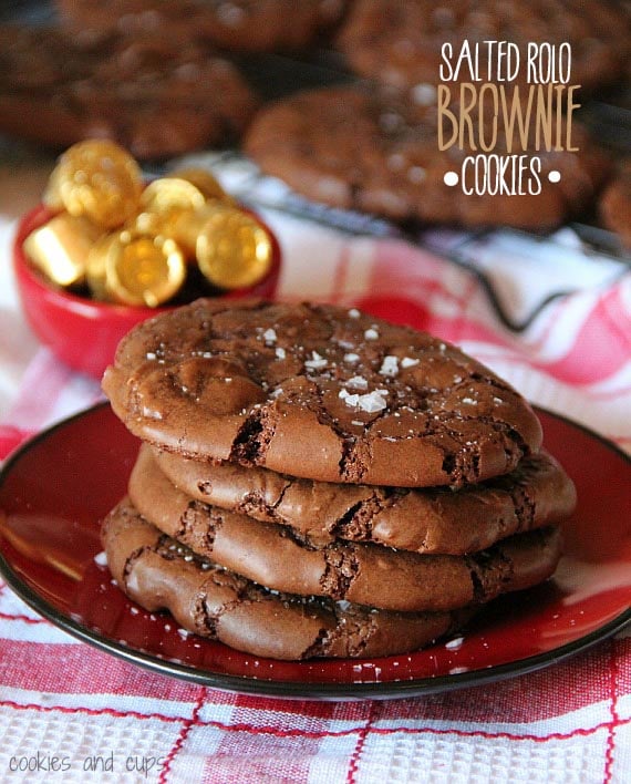 Salted Caramel Rolo Brownie Cookies stacked on a plate.